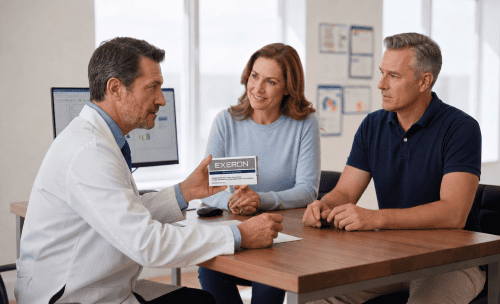 Médico recomendando EXERON a una pareja en consulta