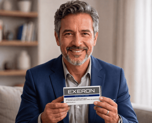 Hombre adulto sonriendo y sosteniendo la caja de EXERON